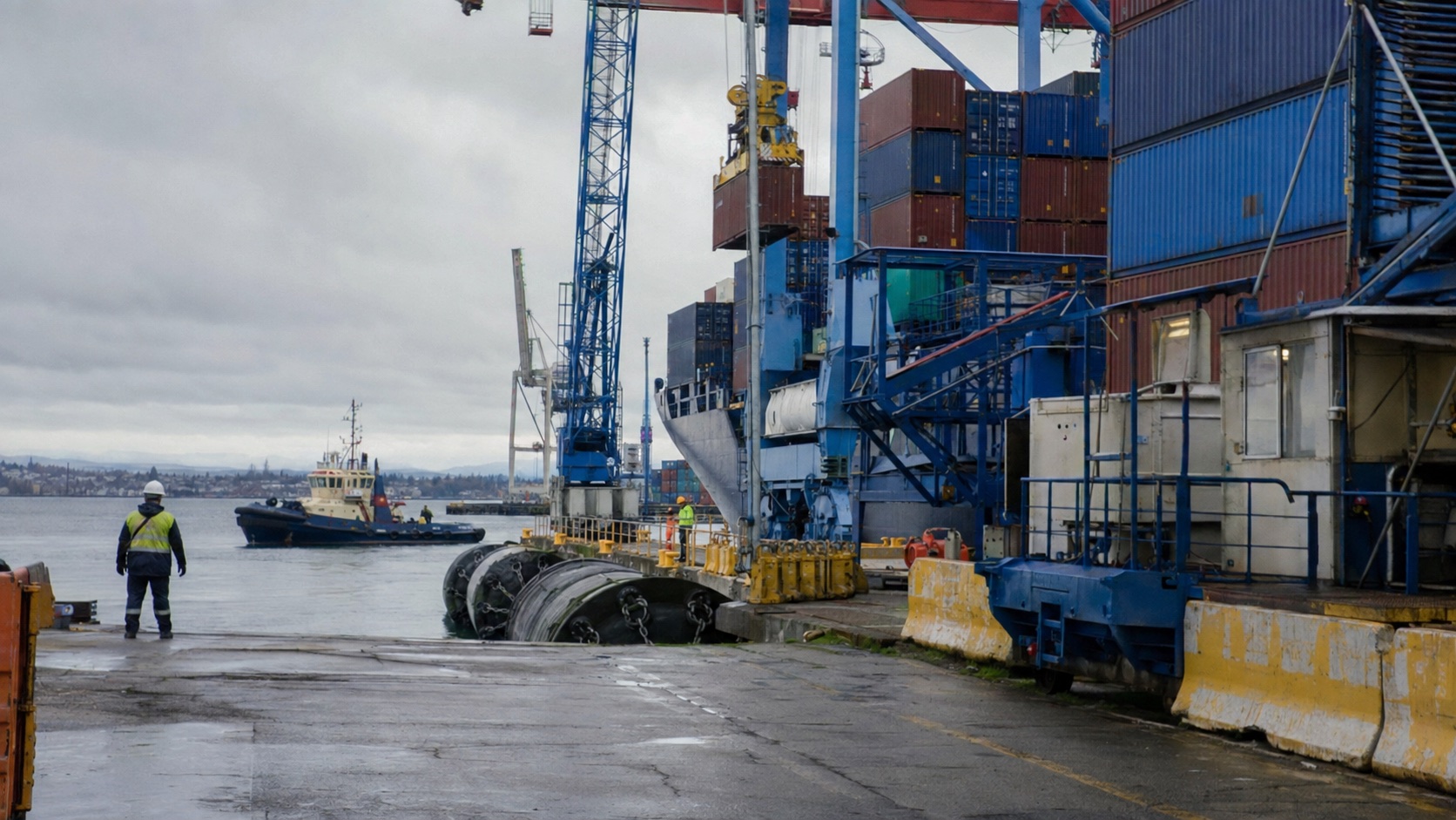 Port workers coordinating cargo beside a container ship at a marine terminal
