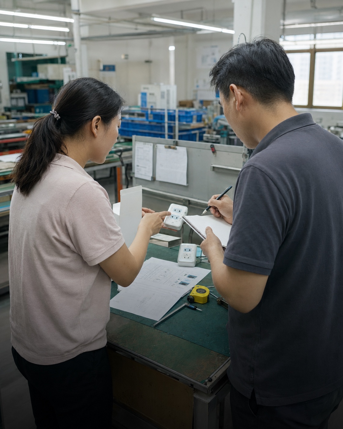 Two manufacturing team members reviewing a product sample and technical notes