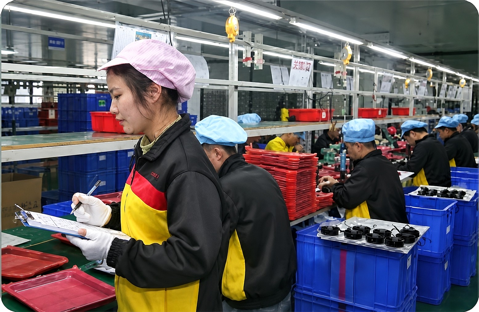 Quality specialist reviewing production work on an active manufacturing line