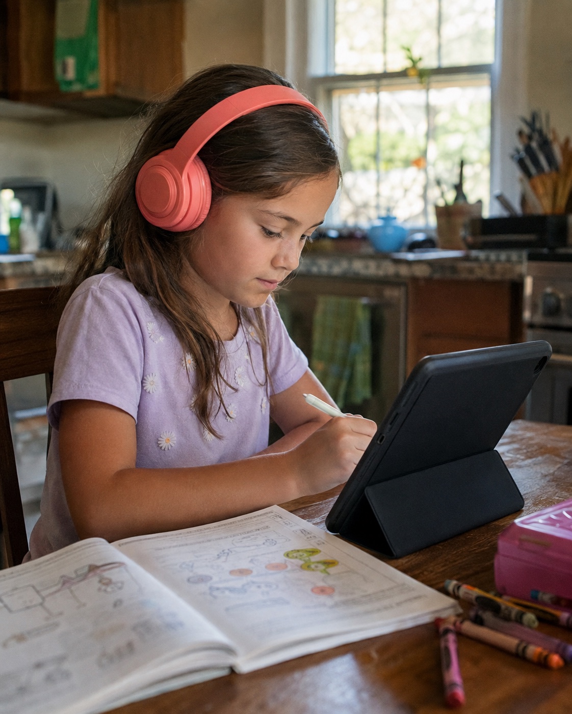 Child using headphones while completing learning activities on a tablet