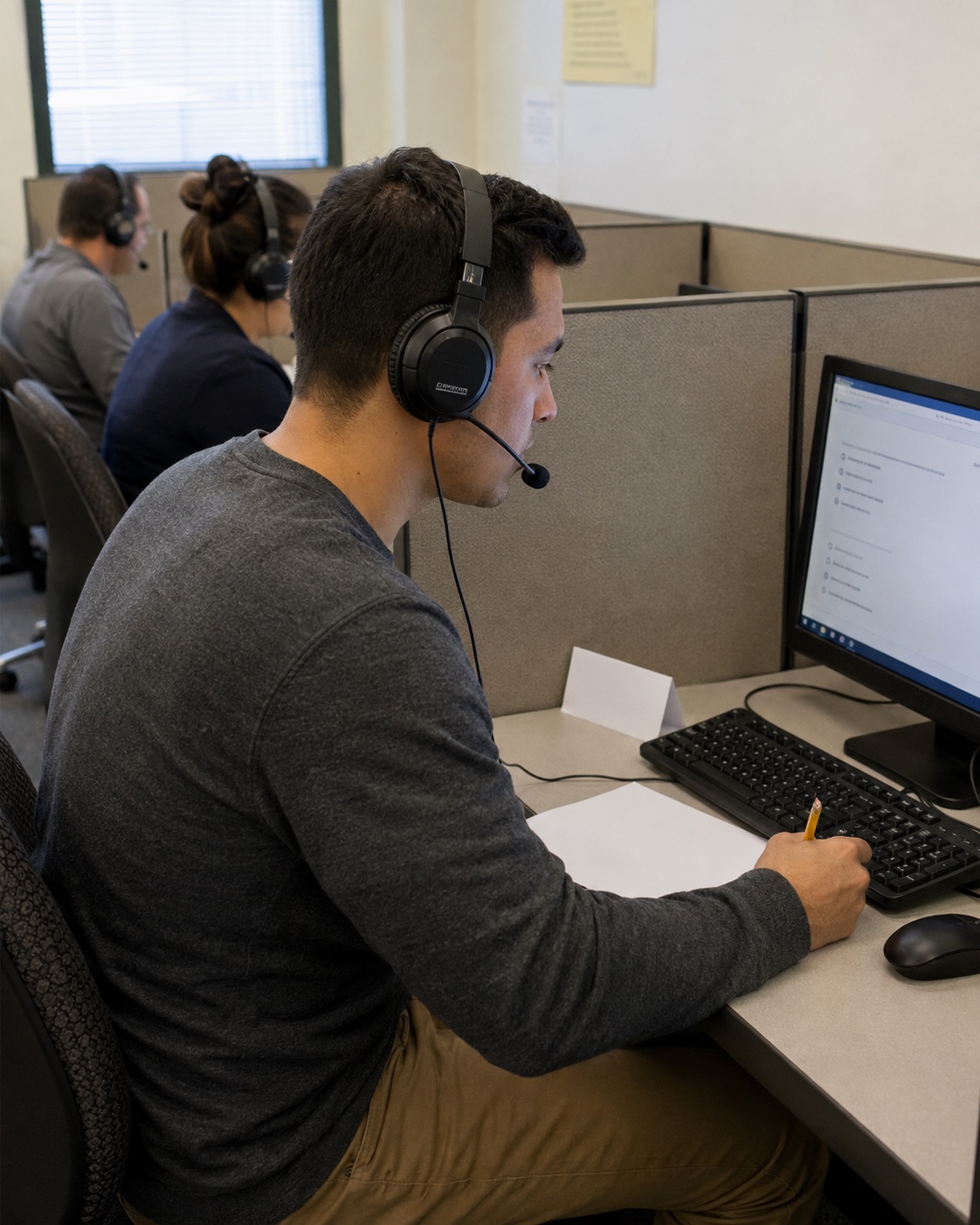 People using headsets at computer workstations in an assessment environment