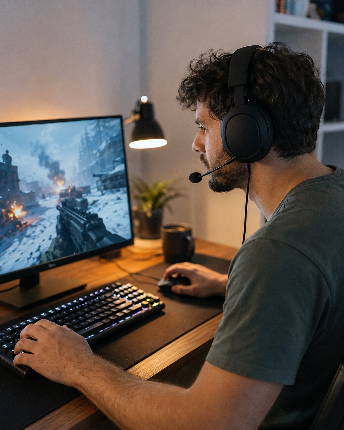 Person using a headset while playing a computer game