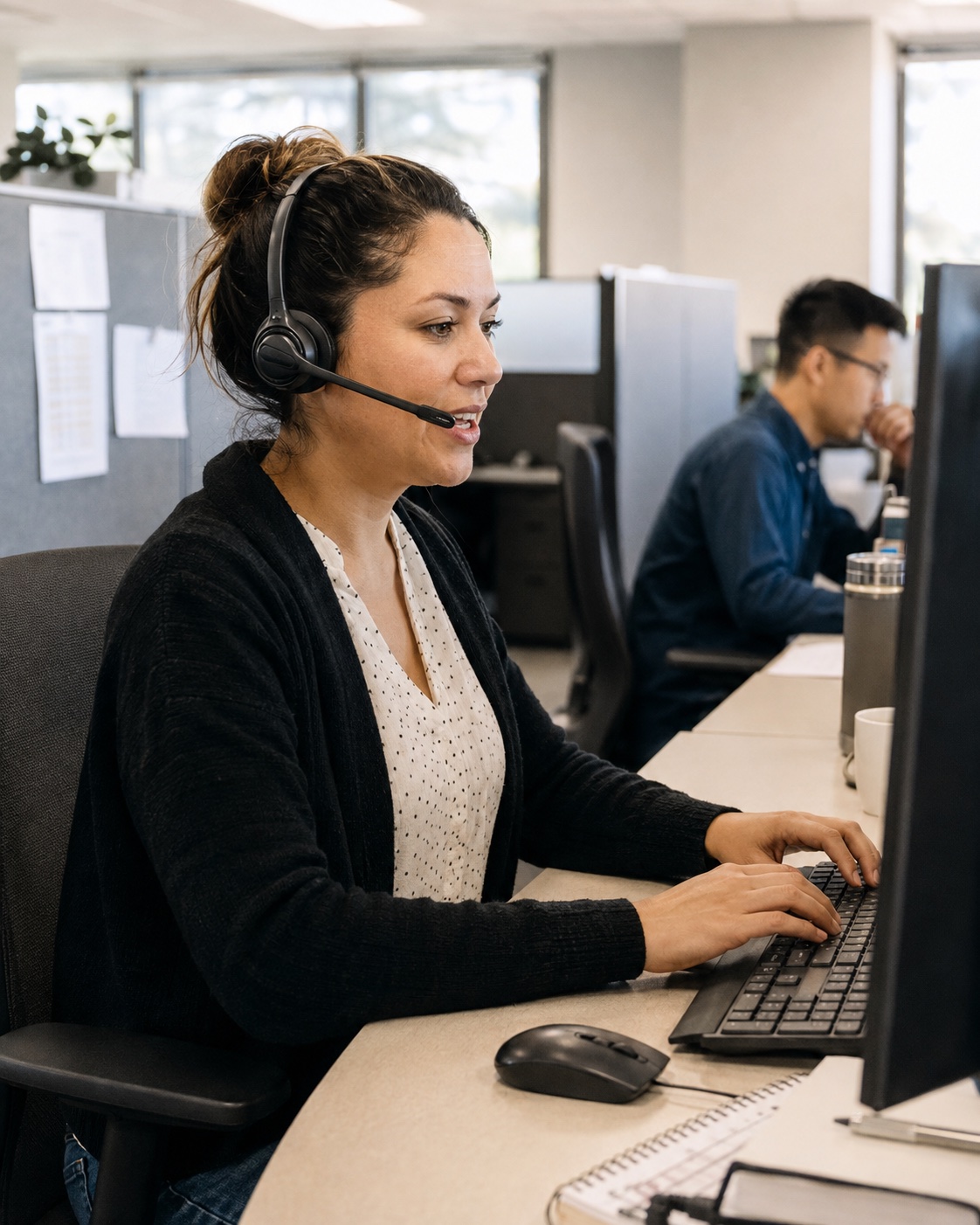Office professional using a headset at a customer support workstation